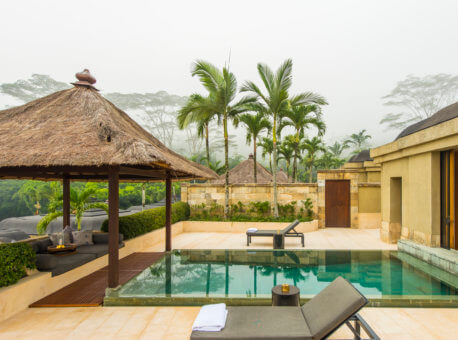 Garden terrace, swimming pool and views of Borobudur and rice paddies