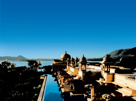 Sunrise over the deluxe rooms with semi private pool at the ultra luxurious Udaivil‚s Oberoi Hotel. Udaipur. This hotel has been voted the 3rd best hotel in the world by Travel and Leisure Magazine. India.